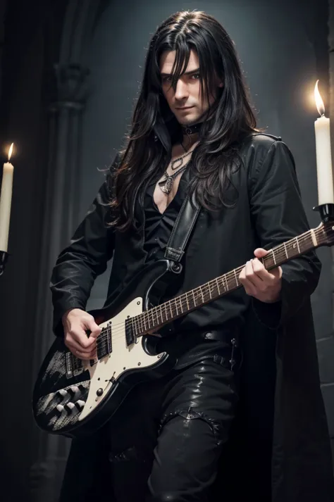 best quality, 8k, highly detailed face and skin texture, high resolution, black long hair man in black gothic jacket playing ele...