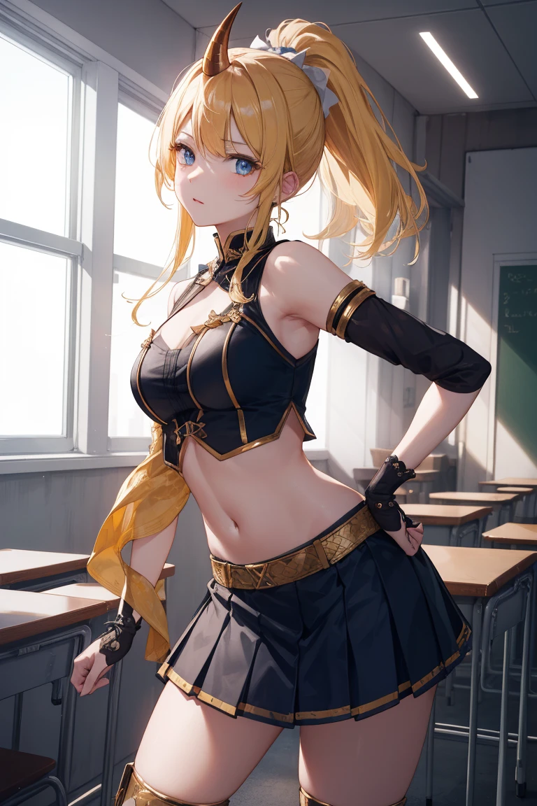 Elijah, catalyst, Yellow Hair, blue eyes, ponytail, Hair Ribbon, Center of chest,
break blue skirt, Braces, Circlet, Crop top, Dancer, Removable sleeves, fake Horn, Gladiator Sandals, Gold Footwear, Gold frame, Horn,
break looking at viewer,Are standing, Leaning forward, (Place your arms behind your back:1.2),
break indoors, classroom, 
break (masterpiece:1.2), highest quality, High resolution, unity 8k wallpaper, (shape:0.8), (Beautiful details:1.6), Highly detailed face, Perfect lighting, Extremely detailed CG, (Perfect hands, Perfect Anatomy),