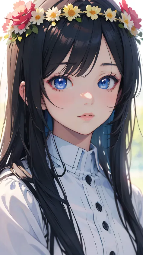 wearing a white shirt、has long black hair、anime girl wearing a flower crown, beautiful anime portrait, stunning anime face portr...