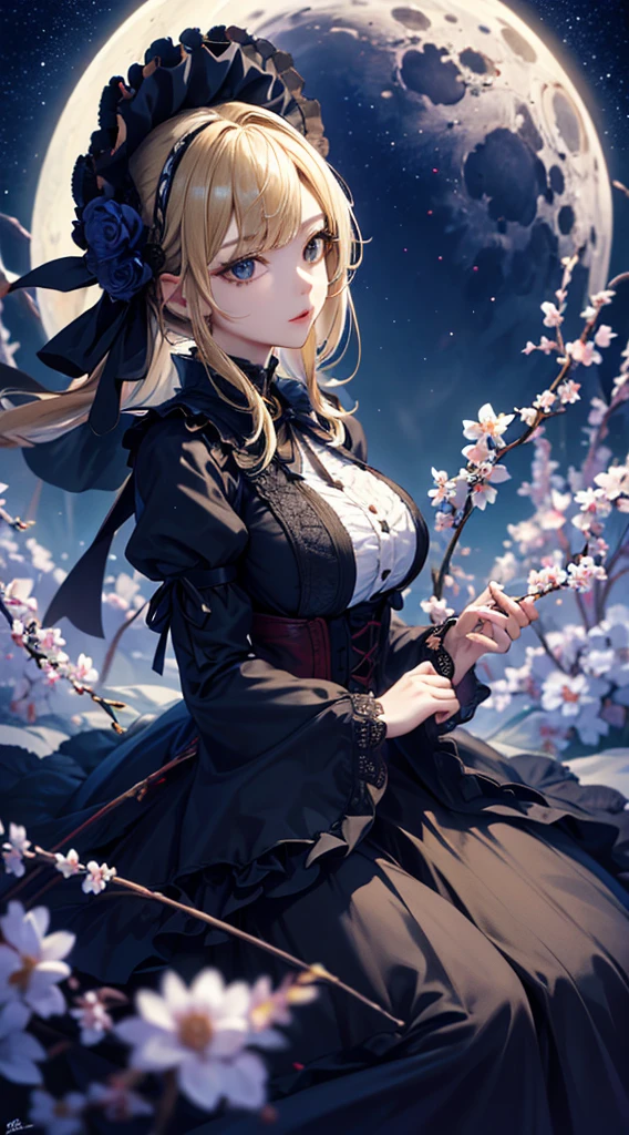 masterpiece, high quality, 4K, Beautiful design, silhouette，blonde， 非常に詳細な夜のStarry Sky,Flower Field， wonderful, Finer details,  Very knowledgeable woman, Highly detailed solo, 1 female,Big Breasts，Gothic Lolita Fashion，Night view，Starry Sky，full moon，