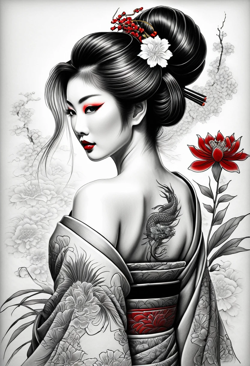 黑色細鉛筆繪製的藝伎黑白細節圖. 從後面看到的景色, 到腰部, 她瞇著眼睛看著觀眾, 翻過她的左肩. 日本藝伎化妝, 優雅的龍和花紋身. 複雜髮型, 她頭髮上的紅色花朵. 長長的睫毛, 一個非常美麗苗條的年輕日本女人, 白皮膚. 大師的畫作, 品質非常高, 攝影精度.