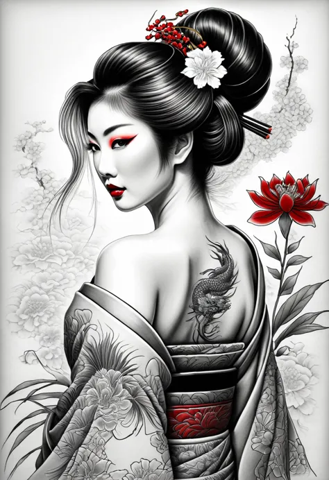 a black and white detailed drawing of a geisha made with a thin black pencil. the view from the back, to the waist, she squints ...