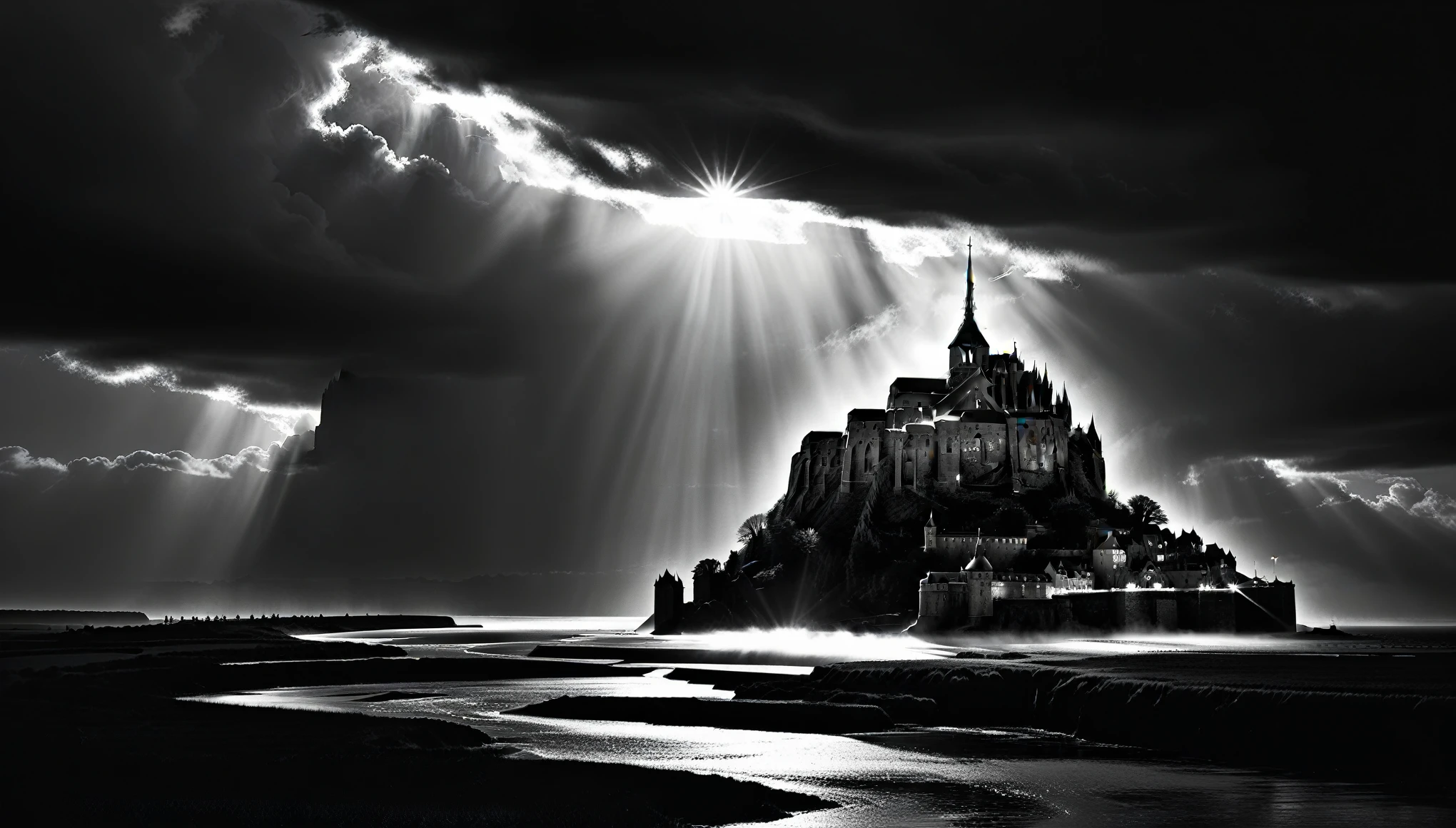 Le Mont-Saint-Michel lies in the 적당히 켜기, 태양이 빛나는 극적인 구름, 적당히 켜기, 통풍, 시네마틱 라이트닝, 그레이스케일에서 색상으로,
