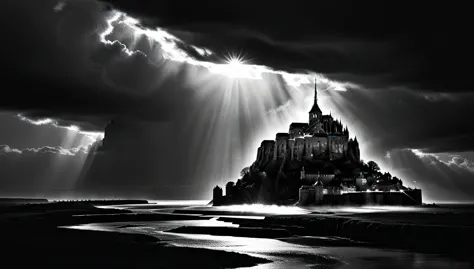 Le Mont-Saint-Michel lies in the strum, dramatic clouds through which the sun shines, strum, gout, cinematic lightning, greyscal...