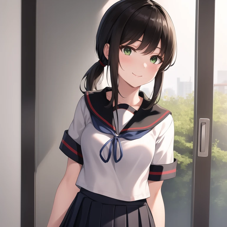 studio,upper body,portlate,(masterpiece, best quality:1.2),illustration,8k,hd,1girl,solo,black_hair,short_ponytail,serafuku,sidelocks,low_ponytail,green_eyes,smile,black_eyes,school_uniform,pleated_skirt,skirt,