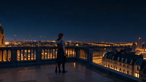 terrace of a building + first person image + dark sky + city all lit up + high quality image + 4k