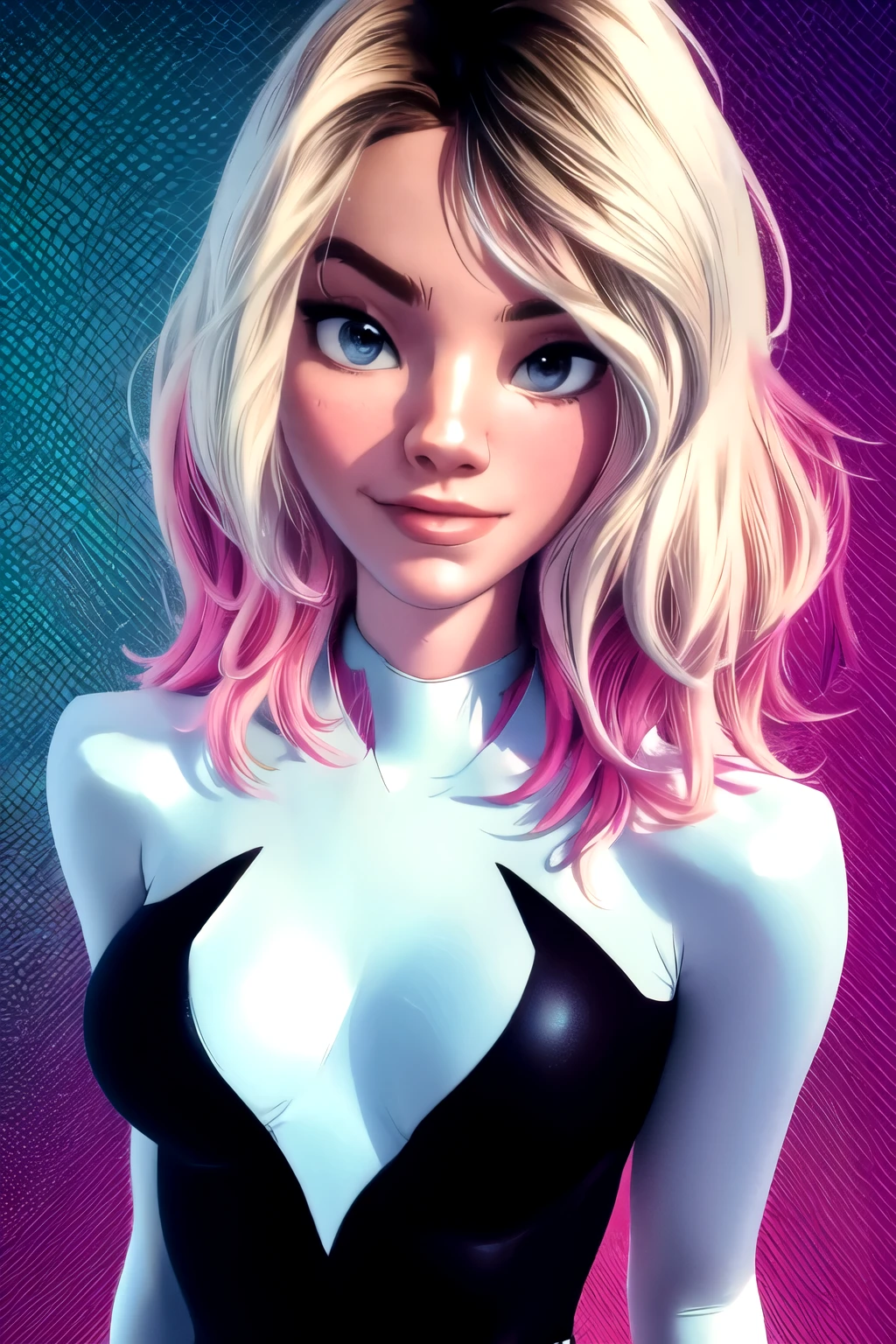 (Obra maestra, Calidad superior, mejor calidad, Arte oficial, hermoso y estetico:1.2),Cara muy detallada,1 chica,gwen_stacy, (retrato:1.3),traje de gwen araña , bodysuit superhero,tetas pequeñas(extremadamente detallado,alta resolución, más detallado,8k,absurdos,cg),feliz,pose de cuerpo completo,tiro de vaquero,agarrar el pecho,sonrisa afectada,linda sonrisa.pose de cuerpo completo