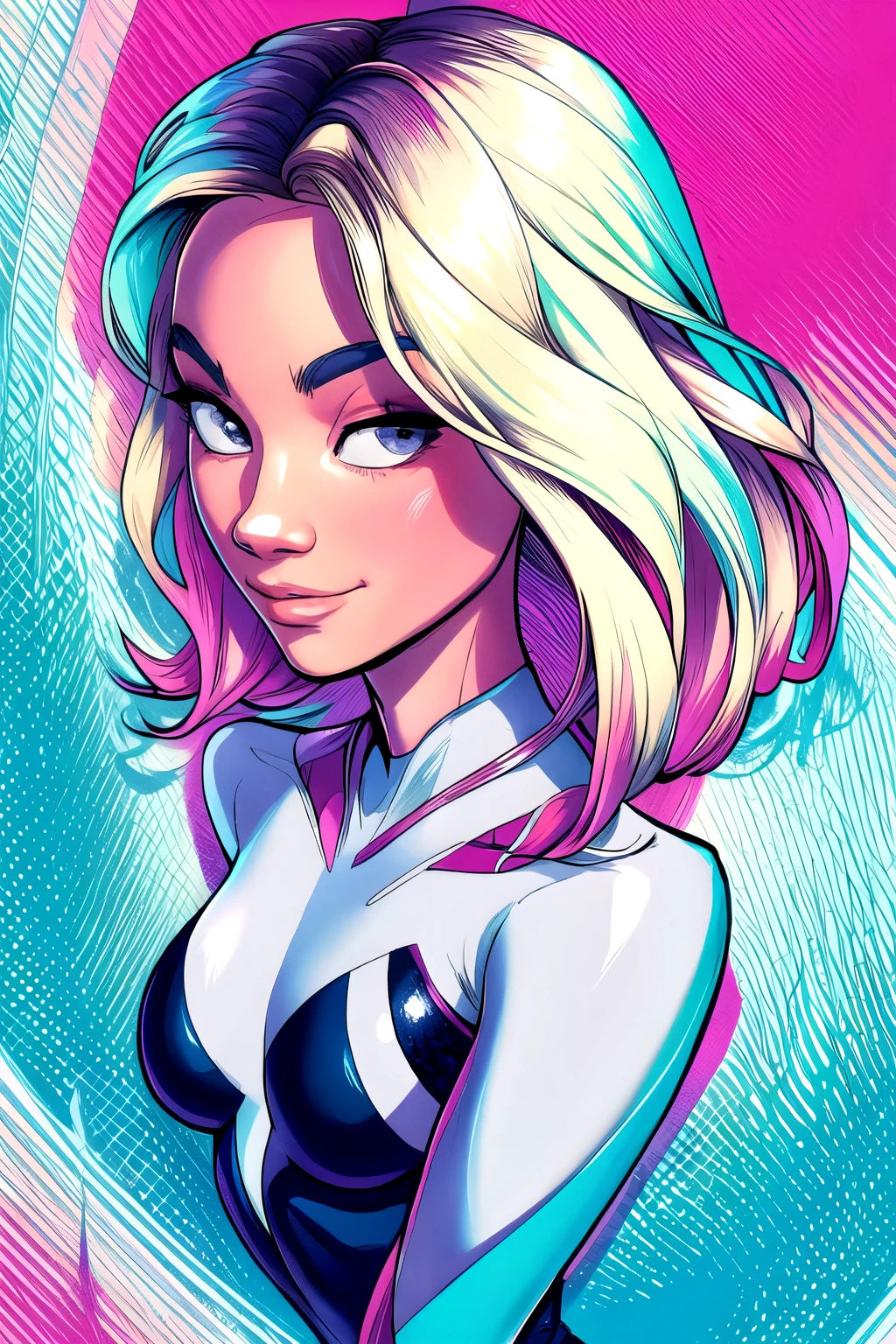 (masterpiece, top quality, best quality, official art, beautiful and aesthetic:1.2),highly detailed face,1girl,gwen_stacy, (portrait:1.3),spider-gwen suit , bodysuit superhero,small tits(extremely detailed,highres, highest detailed,8k,absurdres,CG),happy,full body pose,cowboy shot,grab breast,smirk,cute smile.full body pose,peace sign