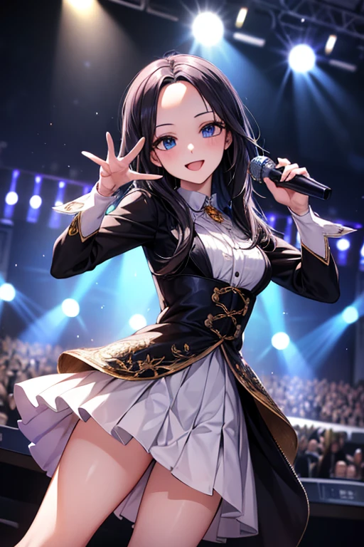 (((forehead))), masterpiece, masterpiece_portrait, distinct, distinct_image, high_resolution, highres, high_quality_anime, high_quality, hyper_detail, finely_detailed,4K, YUJU, GFRIEND, KPOP , sexy body, ((black hair)), blue eyes, smile, happy, KPOP idol singer costume, Singing and dancing on a fancy broadcasting station stage, ((Holding a white microphone in one hand))