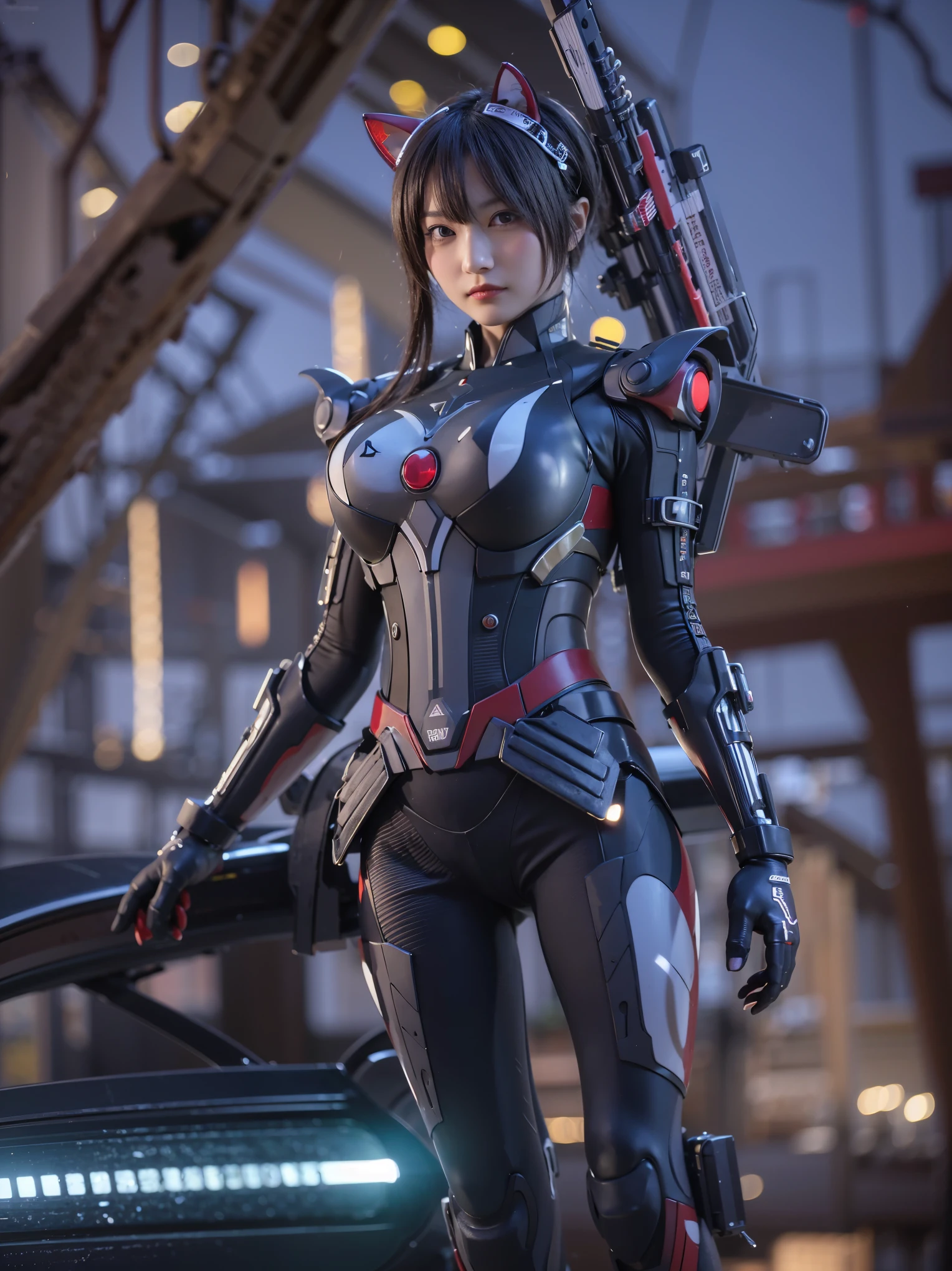 Masterpiece, (ultimate quality:1.2), 8k, Japanese woman in honet-type powered suit, silver base with green and red accents, very beautiful face, mechanical, (mechanical bat wings), hydraulic cylinder, power pipe, ultimately intricate details, full body shot, (ultimate photo Realistic:1.37), Park with a beautiful view at night, (Steampunk: 1.2), (Cyberpunk), Full body photo, Wide-angle shot, Please generate at least 4 photos.