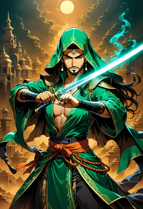 90s cartoons, glamour portrait photo, a captivating vibrant dark green-neon capturing the essence of a bedouin sorcerer in fight...