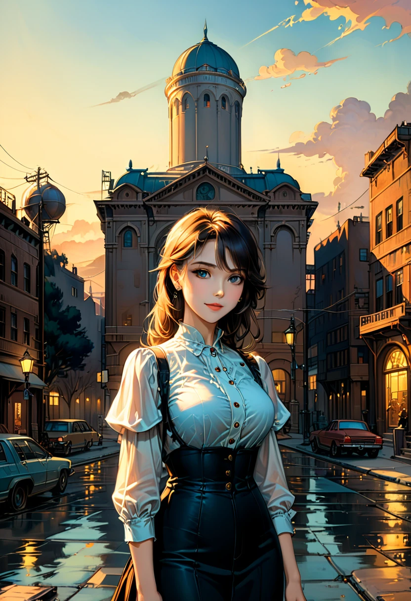 90s Cartoons, facial expression, loving, smile, upturned lips, red dead redemption art style, in the midst of a beige background, street scene with water tower, reflecting the ambient light, airy, scholarly, classic literature, soft pastels, (masterpiece, best quality, Professional, perfect composition, very aesthetic, absurdres, ultra-detailed, intricate details:1.3)