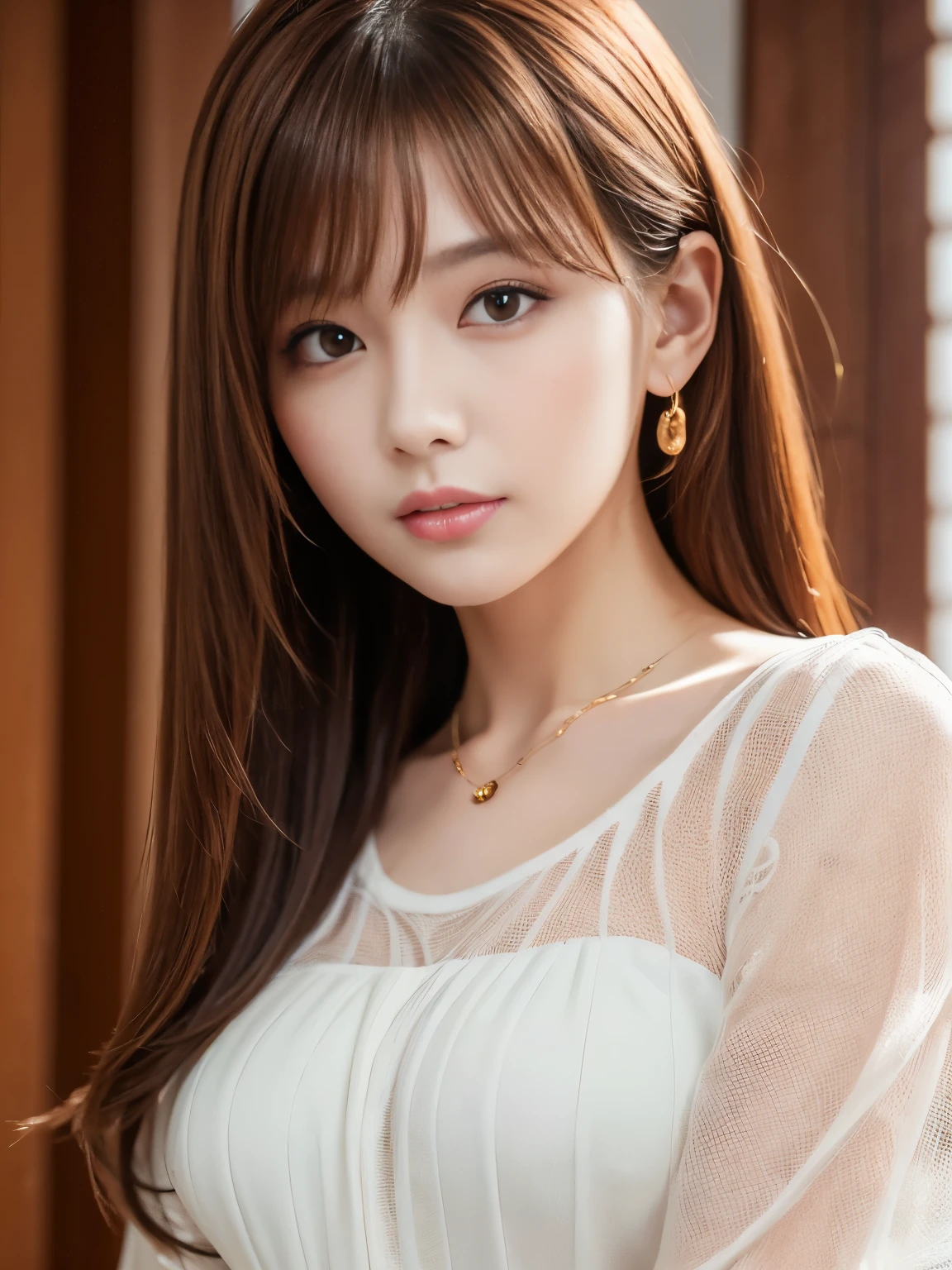 Ultra High Definition, Superior Quality, Premier Quality, ultra detailed, Photorealistic, 8k, RAW Photos, highest quality, masterpiece, Attractive girl, Stunning girl, Brown Hair, Shoulder Length Layered, Mesh Hair, Japanese Idol, Sophisticated, Stylish, blouse,