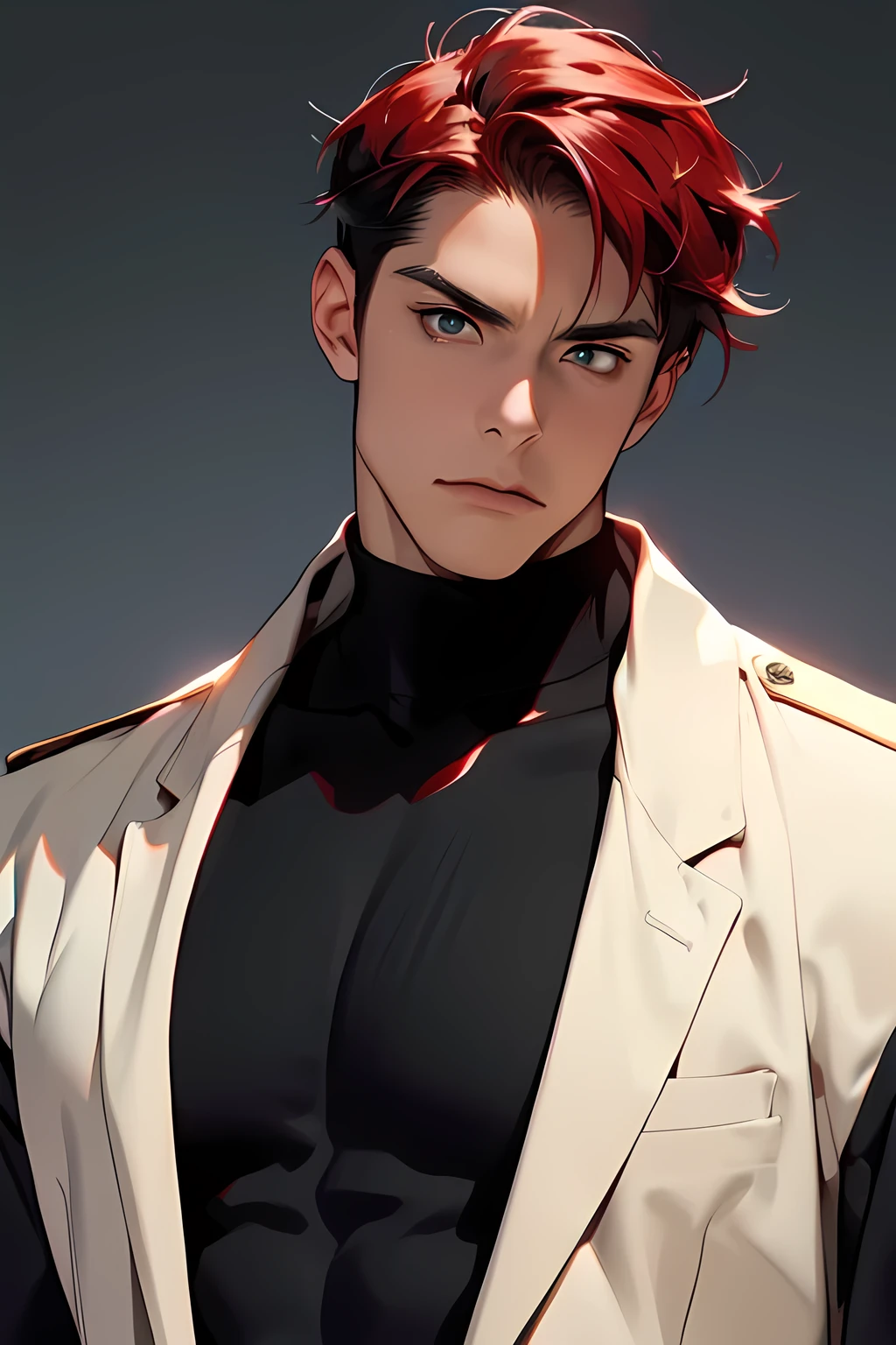 (((1 Adult man, 40 years))), ((Red hair)), ((grey eyes)), black turtleneck, black pants, Black background, Large assembly, a pumped-up body, ((half of the body, portrait)), good anatomy, (Detailed eyes, Even the eyes), serious look, predatory look, serious expression, black jacket, dynamic pose, military, captain