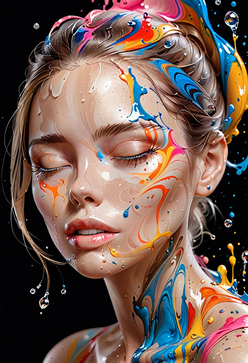 Photo realistic portrait, splashes of color swirling in circles like Jupiter.. Spectacular colors,Dark black background