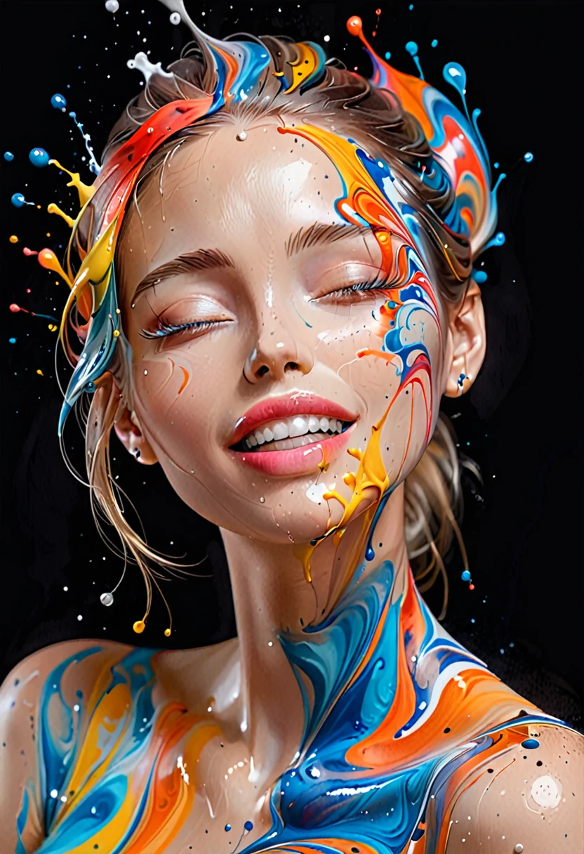 Photo realistic portrait lady smile splashes of color swirling in circles like Jupiter. Spectacular colors,Dark black background