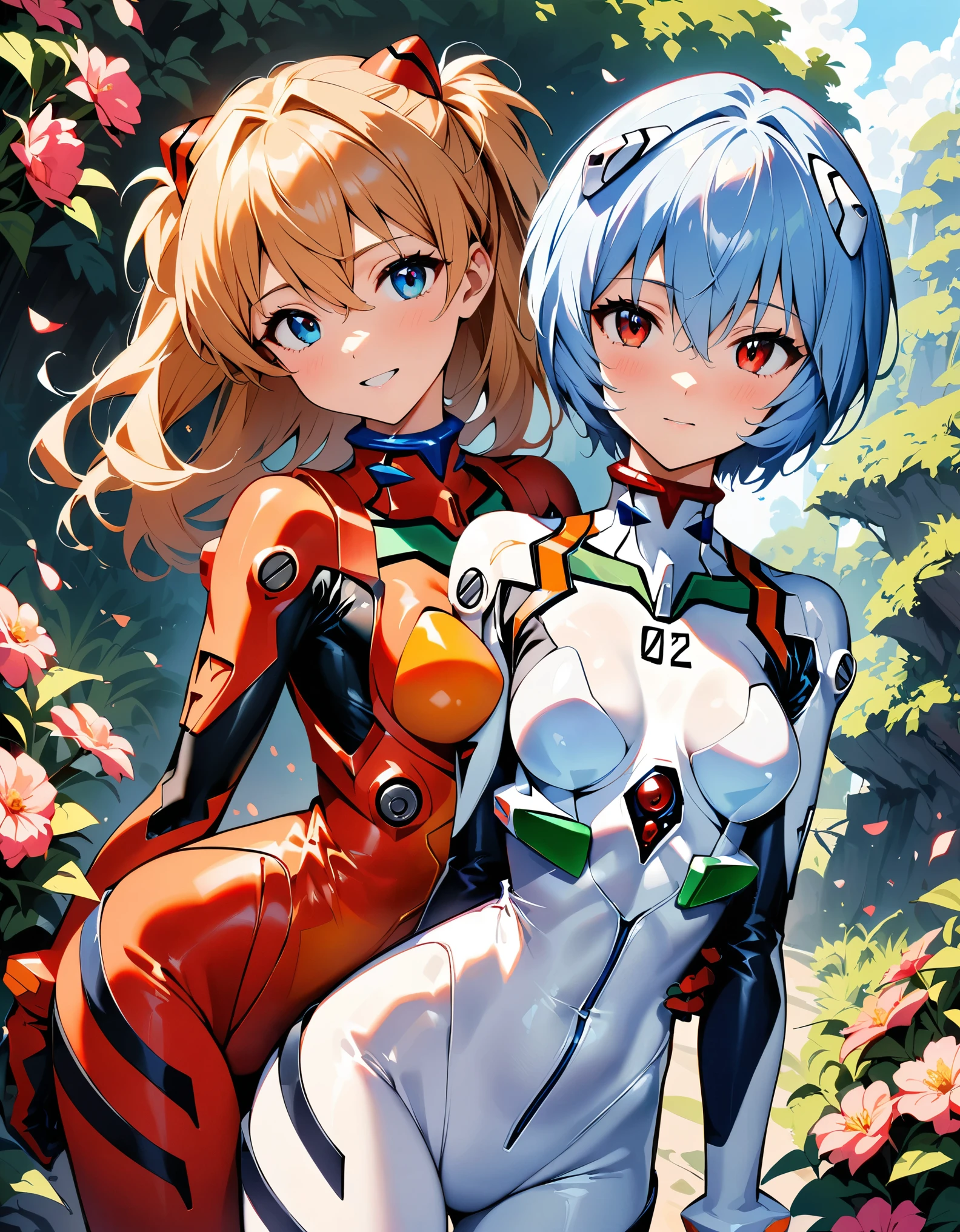 (highest quality:1.2, Very detailed, Latest, Vibrant, Super Detail, Ultra-high resolution, High Contrast, masterpiece:1.2, highest quality, Best aesthetics), Two people, (2 women), Two women posing side by side, Woman on the right:Ayanami Rei,white bodysuit,red eyes,pilot suit,short hair,blue hair,bangs,interface headset,turtleneck,hair between eyes, Woman on the left:souryuu asuka langley, neon genesis evangelion, rebuild of evangelion, plugsuit, pilot suit, red bodysuit,, Dynamic Angle, Random Pause, Cowboy Shot,surrounding by flowers,falling_petals, outdoors, petals,