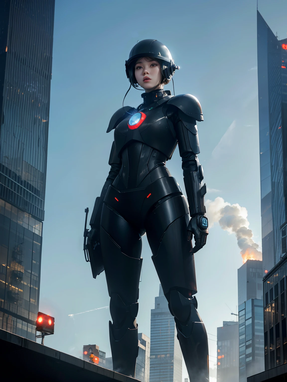 A giant black robot towers over a skyscraper. The city is on fire with murder rays coming out of my eyes.A young female worker with a helmet stands in front of her