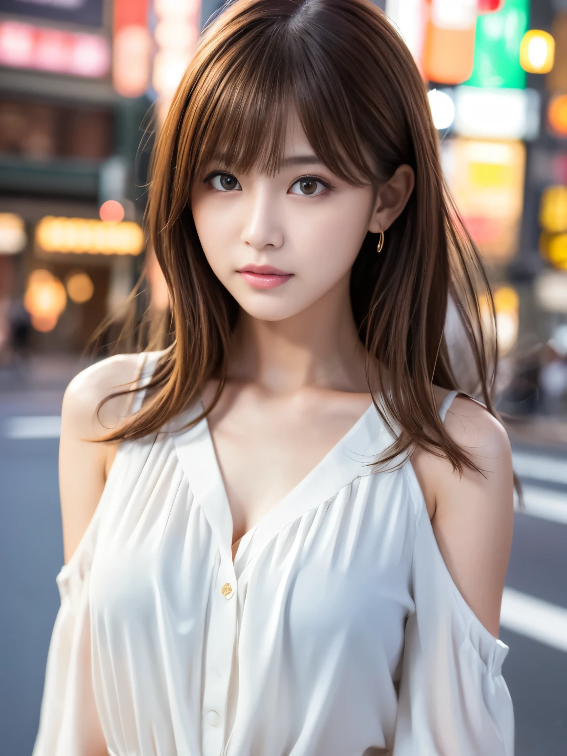 Ultra High Definition, Superior Quality, Premier Quality, ultra detailed, Photorealistic, 8k, RAW Photos, highest quality, masterpiece, Attractive girl, Stunning girl, Brown Hair, Shoulder Length Layered, asymmetrical bangs, Japanese Idol, Sophisticated, Stylish, blouse,Shibuya, 