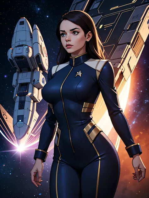 masterpiece, digital artwork, a gorgeous beautiful human female standing, huge breasts, wide hips, star trek uniform, star trek ...