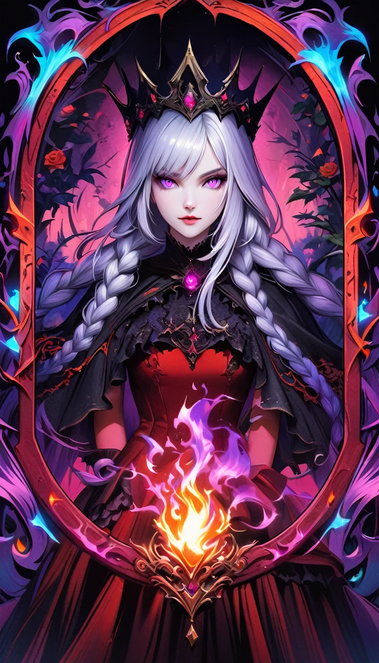 dark fantasy art, goethe art, Portrait of a female vampire, Absolutely beautiful, Pale skin, yinji, (purple hair, purple eyes, long hair, white hair, double braids, gradient hair, She is wearing (Red: 1.3) Red dress, ArmoRedDress, Roses printed on skirt (Black: 1.4) , Dark Castle, Black and color, Dark art style, (The view behind the elegant foliage frame),crown, (Black light poster art), Mysterious portal background, Bright colors, (Magic Flame)
