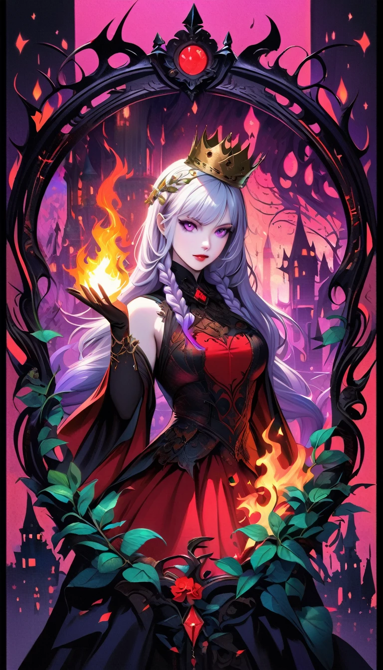 dark fantasy art, goethe art, Portrait of a female vampire, Absolutely beautiful, Pale skin, yinji, (purple hair, purple eyes, long hair, white hair, double braids, gradient hair, She is wearing (Red: 1.3) Red dress, ArmoRedDress, Roses printed on skirt (Black: 1.4) , Dark Castle, Black and color, Dark art style, (The view behind the elegant foliage frame),crown, (Black light poster art), Mysterious portal background, Bright colors, (Magic Flame)