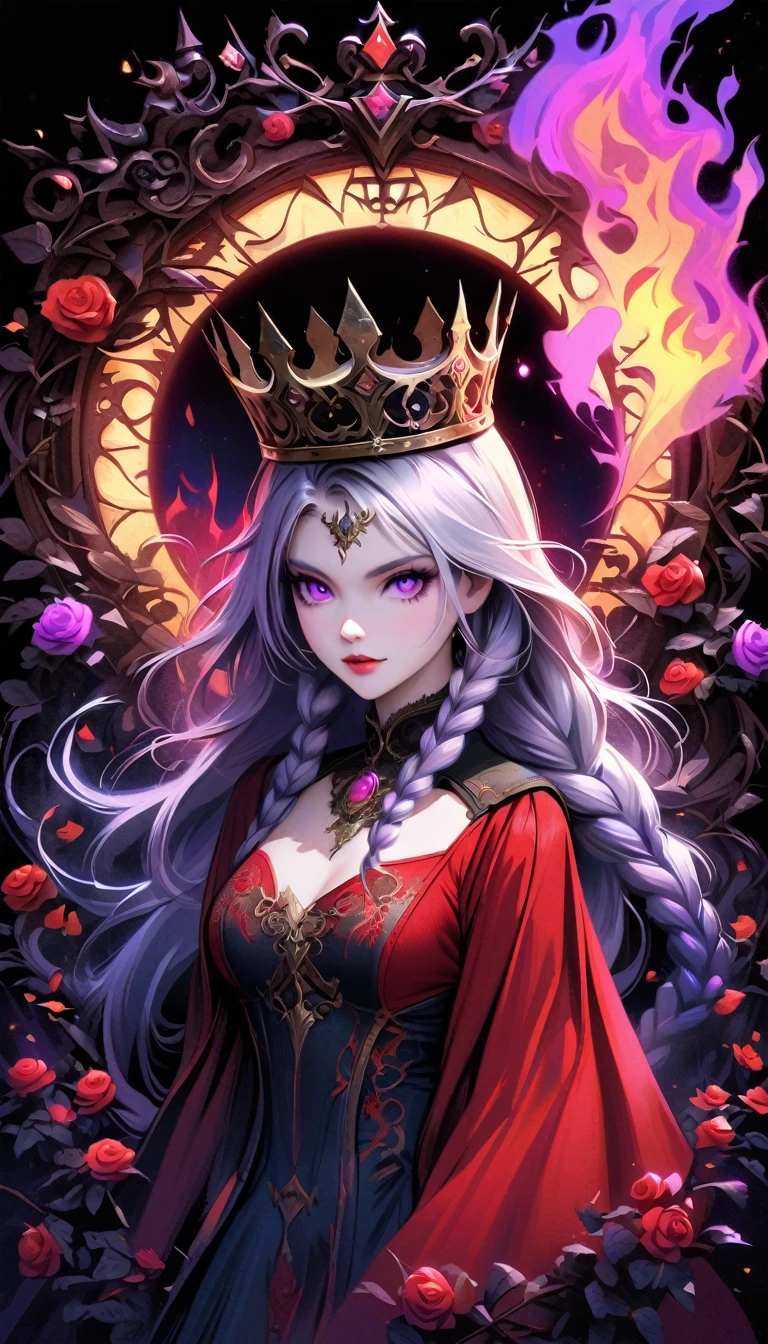 dark fantasy art, goethe art, Portrait of a female vampire, Absolutely beautiful, Pale skin, yinji, (purple hair, purple eyes, long hair, white hair, double braids, gradient hair, She is wearing (Red: 1.3) Red dress, ArmoRedDress, Roses printed on skirt (Black: 1.4) , Dark Castle, Black and color, Dark art style, (The view behind the elegant foliage frame),crown, (Black light poster art), Mysterious portal background, Bright colors, (Magic Flame)