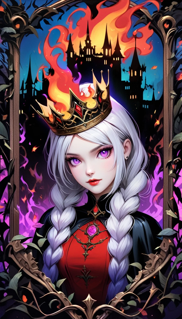 dark fantasy art, goethe art, Portrait of a female vampire, Absolutely beautiful, Pale skin, yinji, (purple hair, purple eyes, long hair, white hair, double braids, gradient hair, She is wearing (Red: 1.3) Red dress, ArmoRedDress, Roses printed on skirt (Black: 1.4) , Dark Castle, Black and color, Dark art style, (The view behind the elegant foliage frame),crown, (Black light poster art), Mysterious portal background, Bright colors, (Magic Flame)