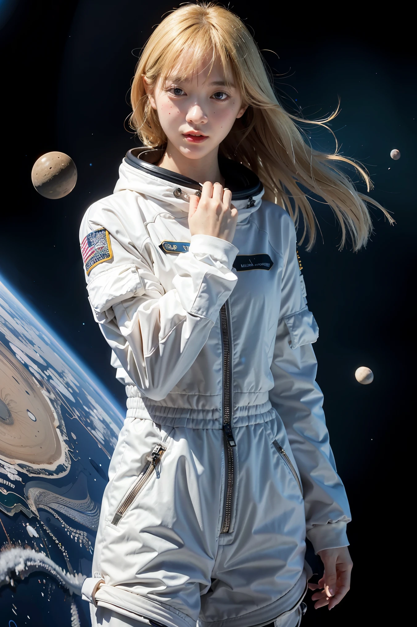 (Meilleure qualité, chef-d&#39;œuvre), 1fille, Pose, particule, Vent, fleur, Haut du corps, fond simple, regarder le spectateur, blond, galaxie, combinaison spatiale, 