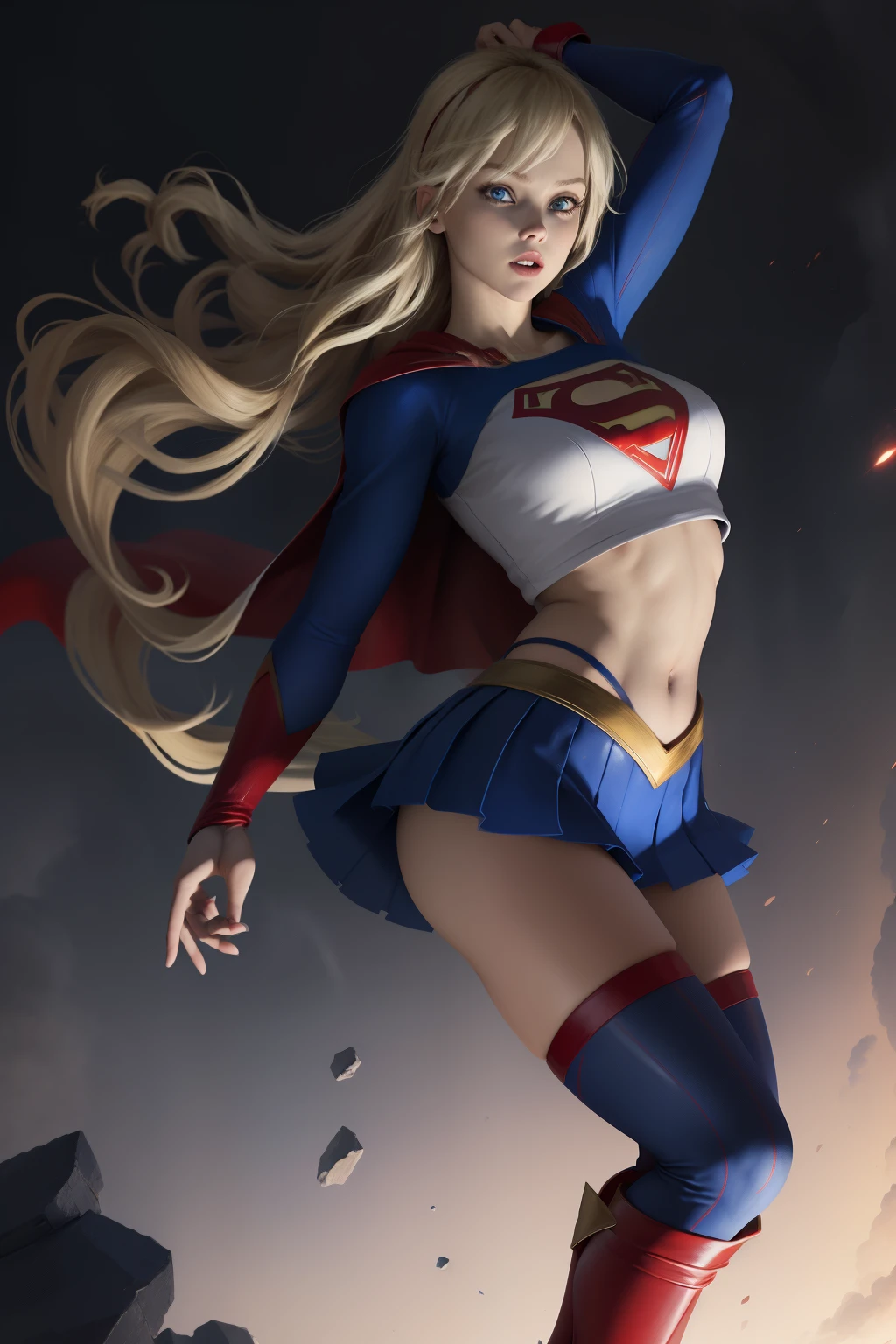 sexy supergirl、Long blonde hair and blue eyes, Black hair band, White crop top, Short sleeve, Red Cape, Blue pencil skirt, Red Boots, White gloves