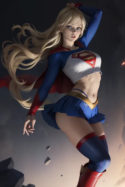 sexy supergirl、long blonde hair and blue eyes, black hair band, white crop top, short sleeve, red cape, blue pencil skirt, red b...