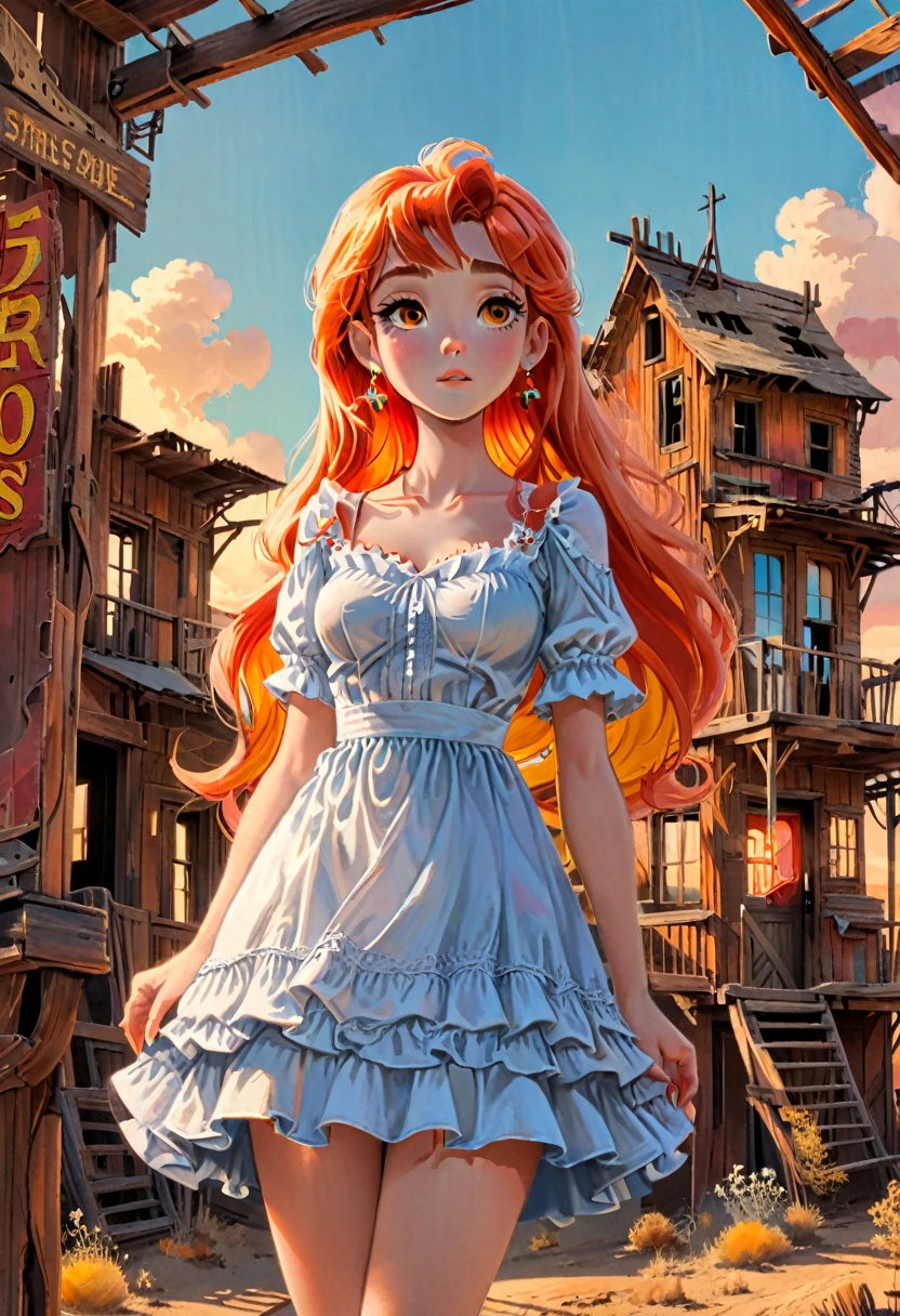 90s Cartoons, Parisienne dress,feminine pose,well-lit wooden structure,abandoned Wild West ghost town,late afternoon,colorful red orange yellow light,very emotional camera angle, (masterpiece, best quality, Professional, perfect composition, very aesthetic, absurdres, ultra-detailed, intricate details:1.3)