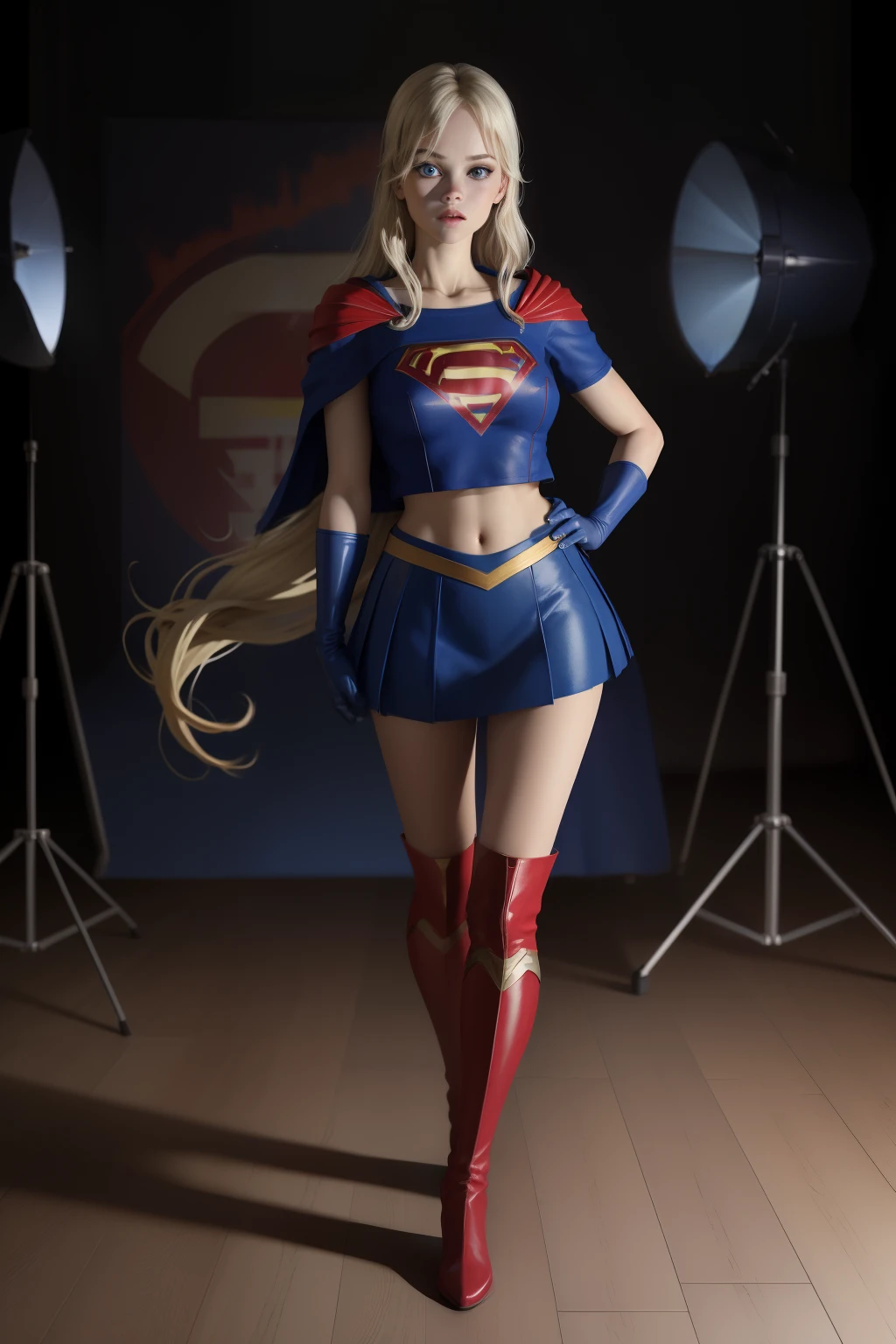 sexy supergirl、Long blonde hair and blue eyes, Black hair band, White crop top, Short sleeve, Red Cape, Blue pencil skirt, Red Boots, White gloves、Japan adult female, , Roll-up style, , Photo Studio Background, Portraiture, snap shot, masterpiece, high quality, high quality, 8k, Best image quality,