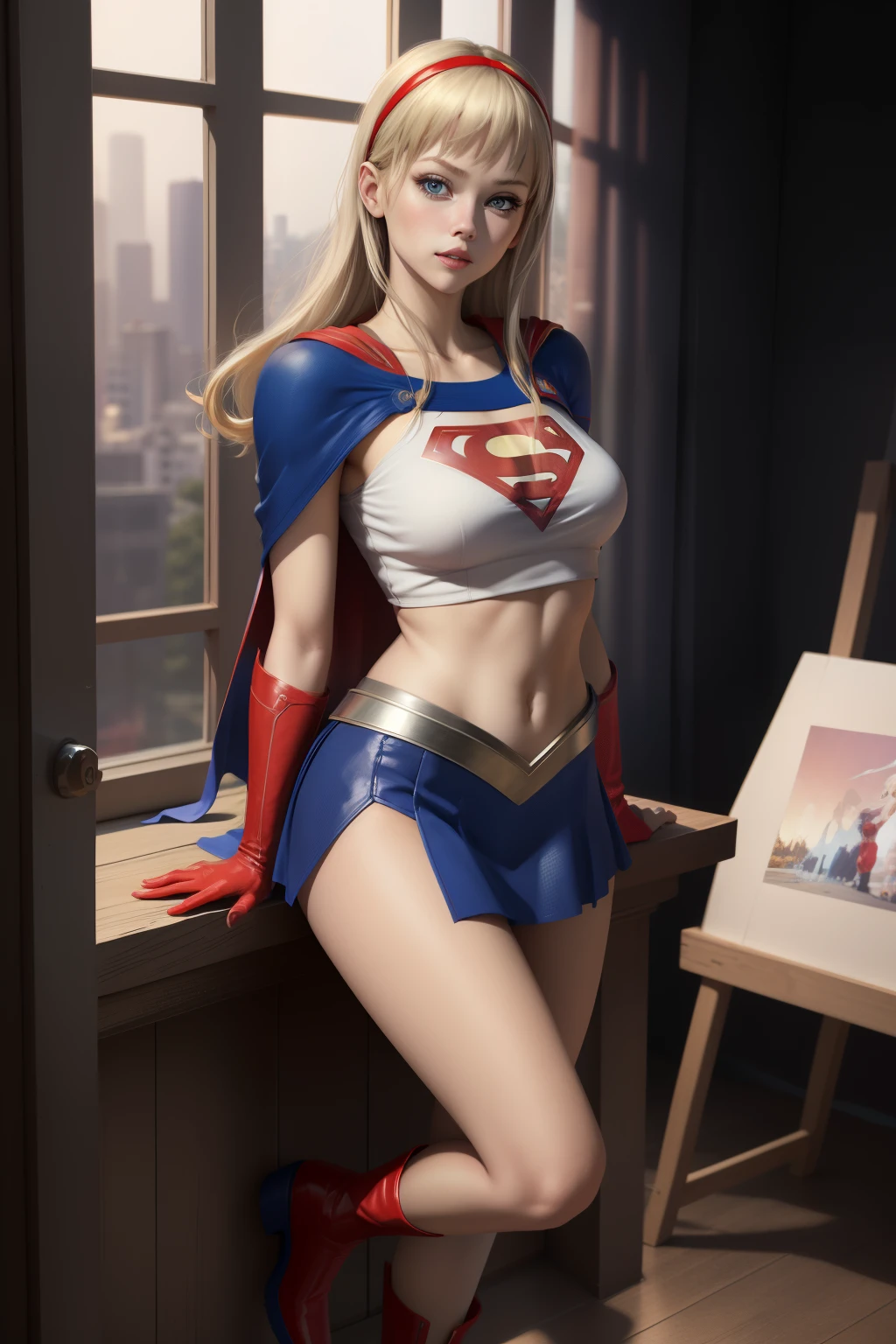 sexy supergirl、Long blonde hair and blue eyes, Black hair band, White crop top, Short sleeve, Red Cape, Blue pencil skirt, Red Boots, White gloves、Japan adult female, , Roll-up style, , Photo Studio Background, Portraiture, snap shot, masterpiece, high quality, high quality, 8k, Best image quality,