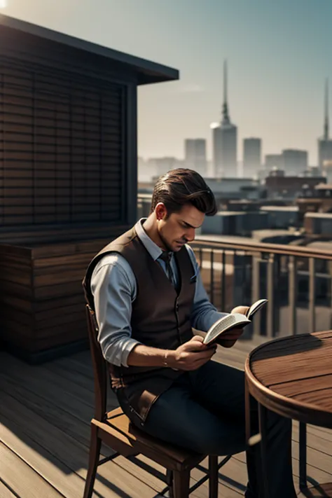 /imagine prompt: Realistic, personality: A lonely man sits at a table on the shop rooftop, with a book in front of him. He appea...