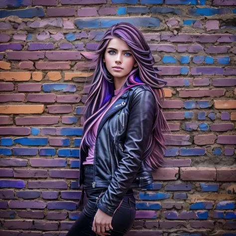 gritty raw photo of {beautiful young woman, 20 years old,long brown hair with colorful (violet, pink and blue) streaks, bright g...