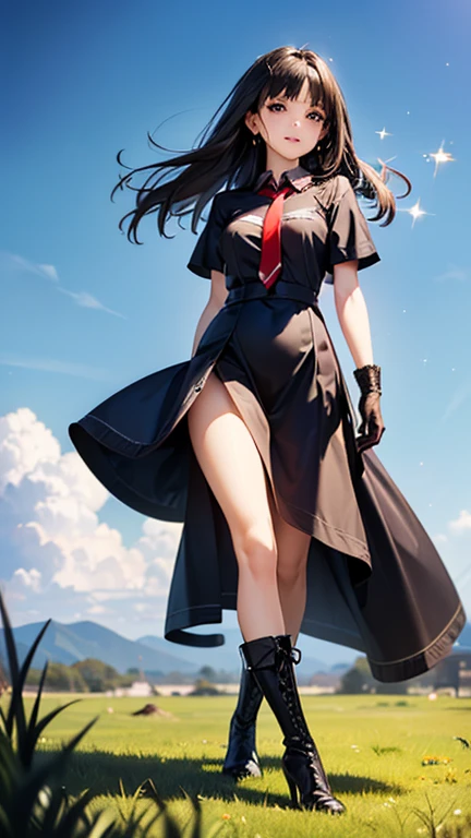 A girl is posing for a photo, cute女の子, Enchanting girl, Anime Girls, 
(((One Girl, Baby Face, cute, ))), 

(smile), 
(noon、(A garrison in the sunlight、grass)), ((Walking、Full Body))
BREAK 

(Black Hair、Hair blowing in the wind、Hair bouncing outside、Berry Shortcut), (black eye, Very droopy eyes), BREAK 

(((m1l1t4ry, Red tie, Black long gloves, Black Dress, High heel boots, hunting)))、Earrings、
BREAK 

(Symmetrical facial features, Perfect Face), (Beautiful breasts, (Ｃcup)), 
Beautiful body, Beautiful clavicle, Beautiful thighs, Beautiful feet, Perfect round butt, (Beautiful fingers), (((Detailed skin, Oily skin, Textured skin, Beautiful Skin))), 

Double eyelids, Long eyelashes, 
(Expression of fine eyes, Beautiful and delicate eyes, Sparkling eyes, Eye Reflexes), 
(Beautiful Nose,Thin Nose), 
(Glossy Lips, Beautiful Lips, thick lips), 
(Beautiful Hair, Shiny Hair, Shiny Hair)), 
BREAK 

(((highest quality)), ((masterpiece)), (Very detailed), (High resolution), (Beautiful detailed sparkle), (High detail), (Anatomically correct)), ((Realistic)), 
(The best CG), Ultra-detailed art, CG illustration, (16k, 1080P), Oil paints, 
