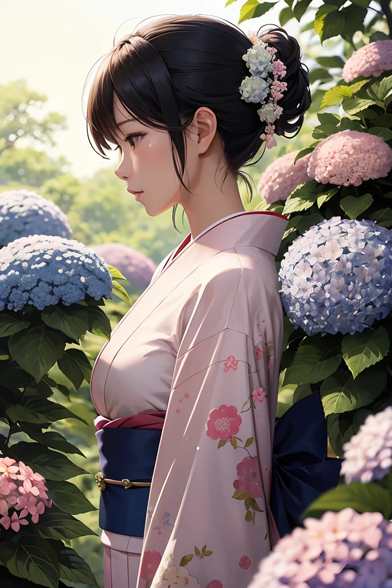 傑作 ,最好的品質, 精美的な髪の美しい女性, 花朵, 森林, 六月,繡球花,輪廓,轉瞬即逝,美麗,精美的,電影般的,日本女性,輪廓,成熟,閃亮的女人,向下的角度,粉紅色和服