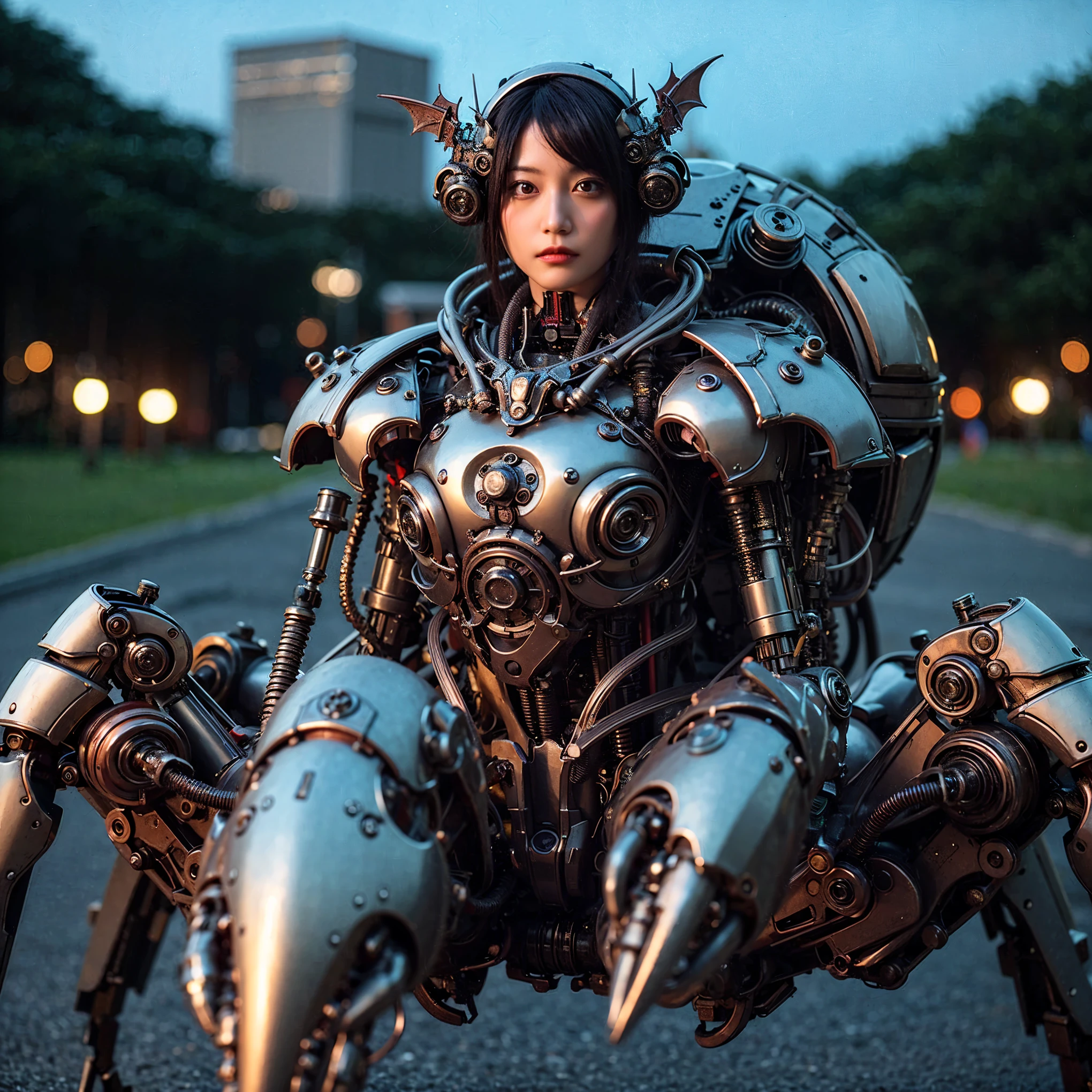 Masterpiece, (ultimate quality:1.2), 8k, Japanese woman in hedgehog-type powered suit, silver base with green and red accents, very beautiful face, mechanical, (mechanical bat wings), hydraulic cylinder, power pipe, ultimately intricate details, full body shot, (ultimate photo Realistic:1.37), Park with a beautiful view at night, (Steampunk: 1.2), (biopunk), Full body photo, Wide-angle shot, Please generate at least 4 photos.