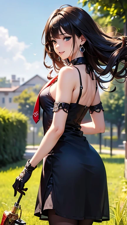 A girl is posing for a photo, cute女の子, Enchanting girl, Anime Girls, 
(((One Girl, Baby Face, cute, ))), 

(smile), 
(noon、(A garrison in the sunlight、grass)), ((Walking、Cowboy Shot))
BREAK 

(Black Hair、Hair blowing in the wind、Curly Hair、Long Hair), (black eye, Very droopy eyes), BREAK 

(((m1l1t4ry, Red tie, Black long gloves, Black Dress, High heel boots, hunting)))、Earrings、
BREAK 

(Symmetrical facial features, Perfect Face), (Beautiful breasts, (Ｃcup)), 
Beautiful body, Beautiful clavicle, Beautiful thighs, Beautiful feet, Perfect round butt, (Beautiful fingers), (((Detailed skin, Oily skin, Textured skin, Beautiful Skin))), 

Double eyelids, Long eyelashes, 
(Expression of fine eyes, Beautiful and delicate eyes, Sparkling eyes, Eye Reflexes), 
(Beautiful Nose,Thin Nose), 
(Glossy Lips, Beautiful Lips, thick lips), 
(Beautiful Hair, Shiny Hair, Shiny Hair)), 
BREAK 

(((highest quality)), ((masterpiece)), (Very detailed), (High resolution), (Beautiful detailed sparkle), (High detail), (Anatomically correct)), ((Realistic)), 
(The best CG), Ultra-detailed art, CG illustration, (16k, 1080P), Oil paints, 
