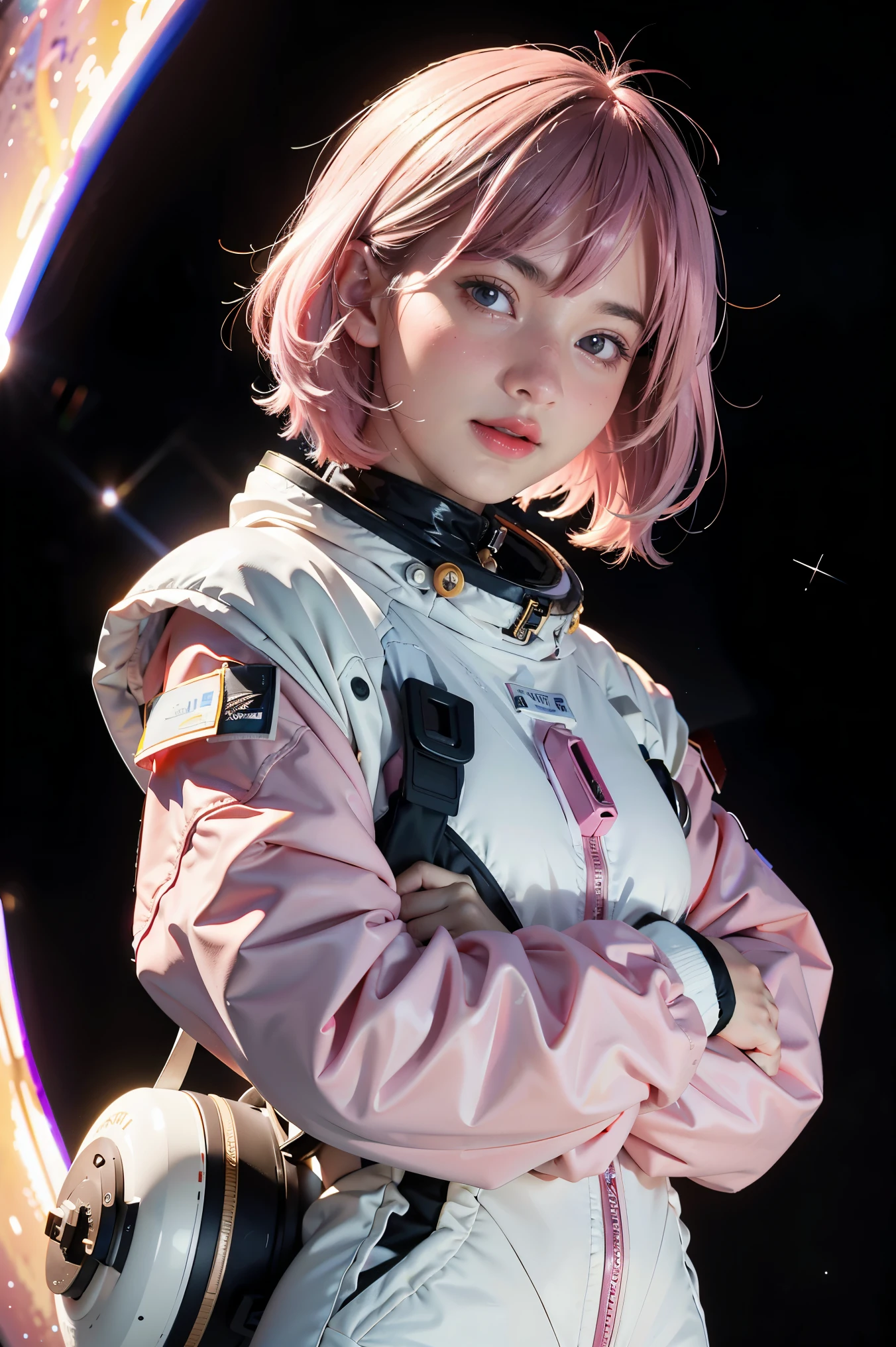 (best quality, masterpiece), 1girl, pose, particle, wind, flower, upper body, simple background, looking at viewer, pink hair, galaxy, space suit, 