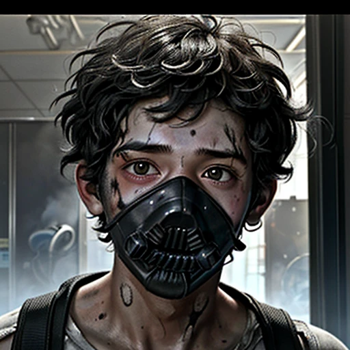 Close-up of a boy coming out of a science lab covered in soot after a gas explosion during the filming of a comedy movie