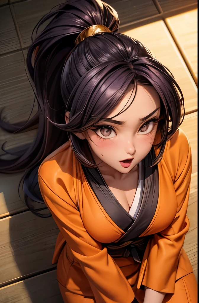 （（（Perfect figure，figure，xuer martial arts，Orange kimono，Orange kimono，Black undershirt，（（（shihouin yoruichi，Golden pupil，1girl，dark-skinned female，solo，ponytail，long purple hair ））），（（（wide hips））），S-shaped figure:1.7））），((masterpiece)),high resolution, ((Best quality at best))，masterpiece，quality，Best quality，（（（ Exquisite facial features，looking at the audience,There is light in the eyes，blush，shy，open mouth））），（（（Light and shadow interlace，huge ））），（（（looking into camera，lie on the floor，from above，looking down，open hands，Kurotsuchi）））