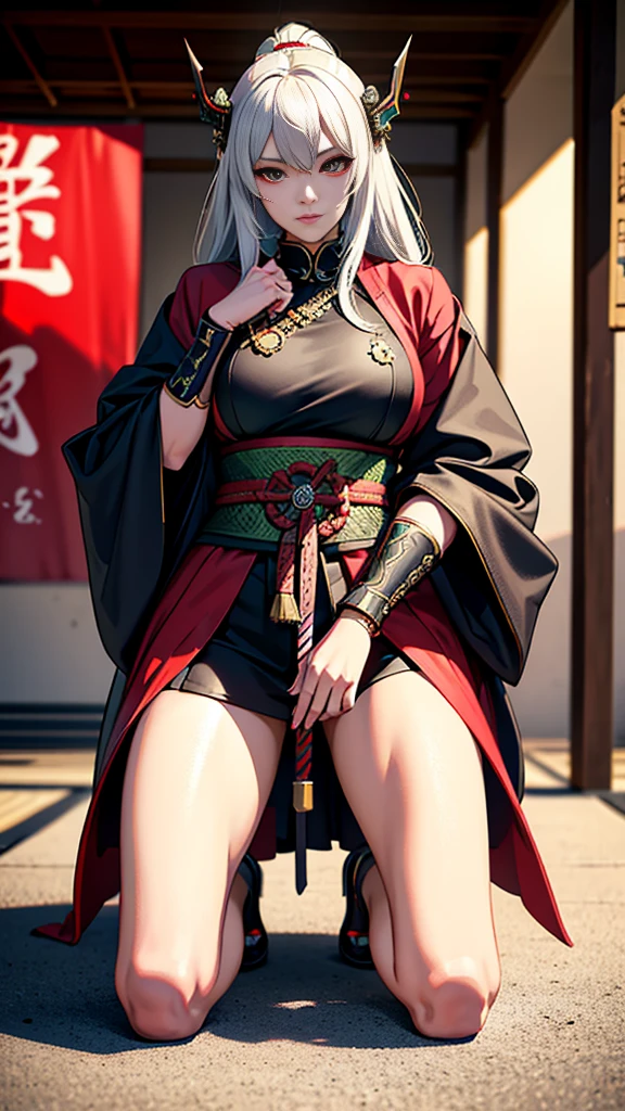 Hyperrealistic version of a woman kneeling down with a sword in her hand, very beautiful cyberpunk samurai, anime cyberpunk art, cyberpunk samurai, cyberpunk anime art, anime cyberpunk, cgsociety 9, digital cyberpunk anime art, style of maciej kuciara.1girl, samurai armor, helmet oni evil mask,intricate, ornaments detailed, cold colors, metal, egypician detail, highly intricate details, realistic light, trending on cgsociety, glowing eyes, facing camera, neon details, ultra realistic details, portrait full body, japanese atmosphere, global illumination, shadows, octane render, 8k, ultra sharp.cool lolita.Big thighs are super beautiful and smooth white.