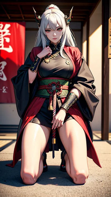 Hyperrealistic version of a woman kneeling down with a sword in her hand, very beautiful cyberpunk samurai, anime cyberpunk art,...