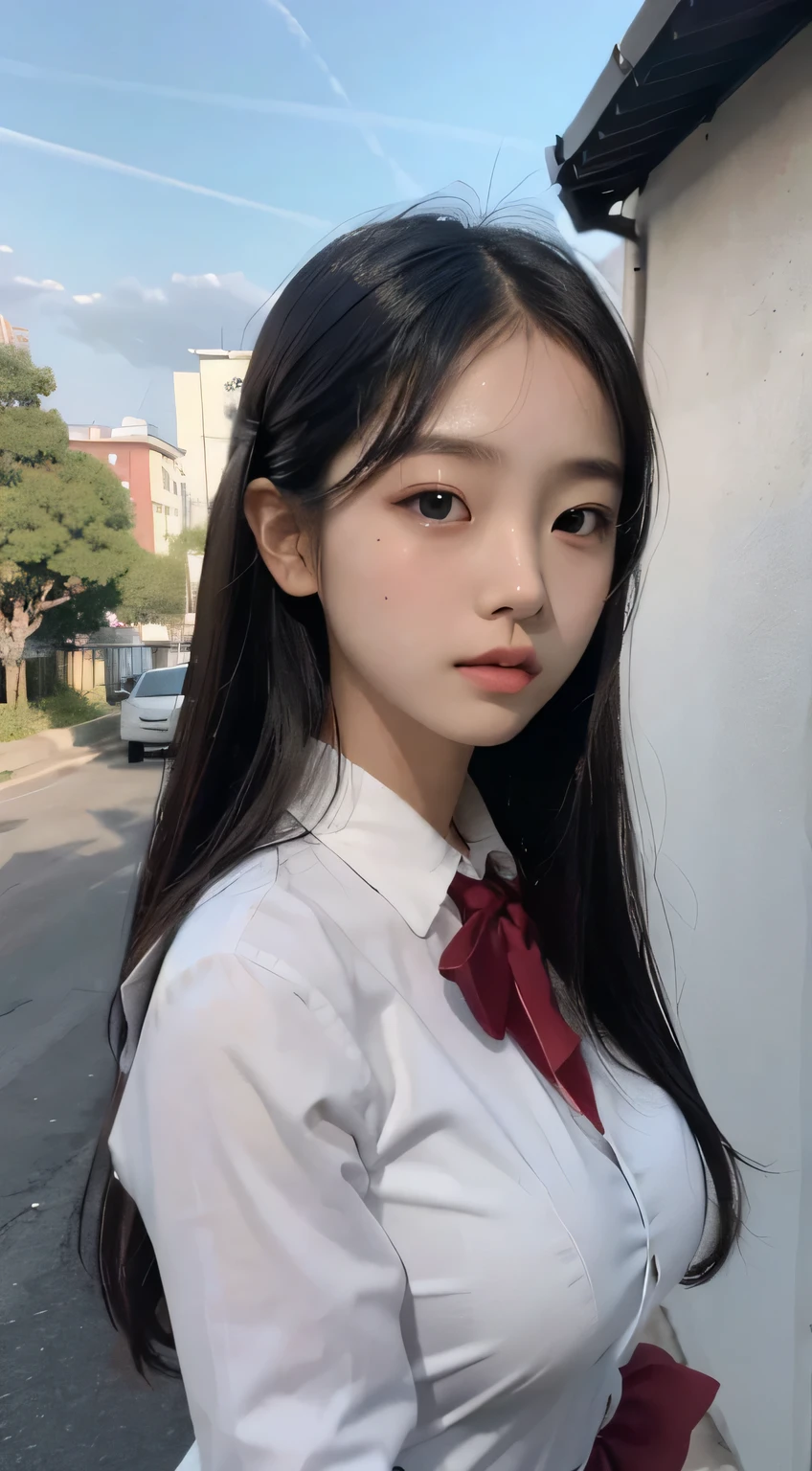 Master quality, highest quality, best picture quality, exaggerated details, a cute 8 year old asian  with a shy expression, slightly squinted eyes, adjusting her hair, long eyelashes (long hair / very, very exaggerated big breasts / in uniform) outdoors, posing in front of the camera