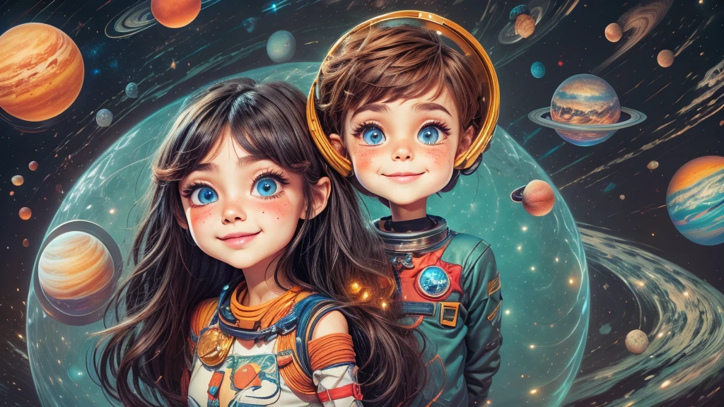 Cartoon illustration of a boy and a girl in espaço with cat, arte oficial dos fãs, in espaço, kitten in outer espaço, in outer espaço, in deep espaço, em galáxias, deep espaço exploration!!!, espaço travel, vestindo estrelas e planetas, outer espaço, outer espaço, starry sky in espaço, in espaço, Arte oficial, espaço, on a espaçoship, colorida, bonitinho, Mais detalhado, Luz, mais realista, Desenho animado