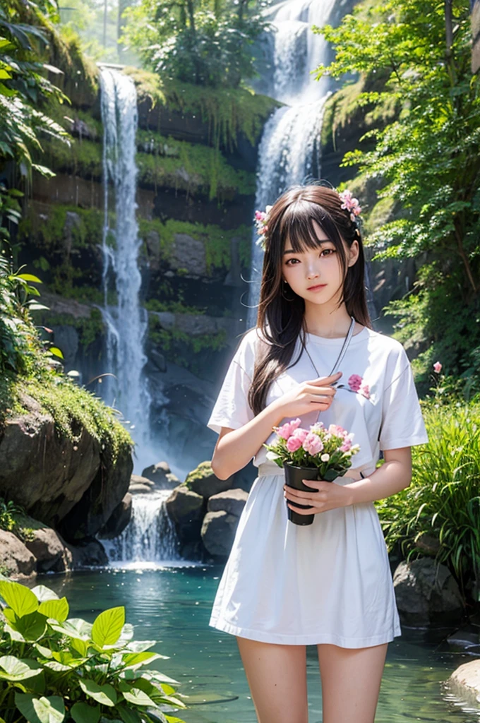 Menina tão linda e vaso de flores e cachoeira de fundo de área 