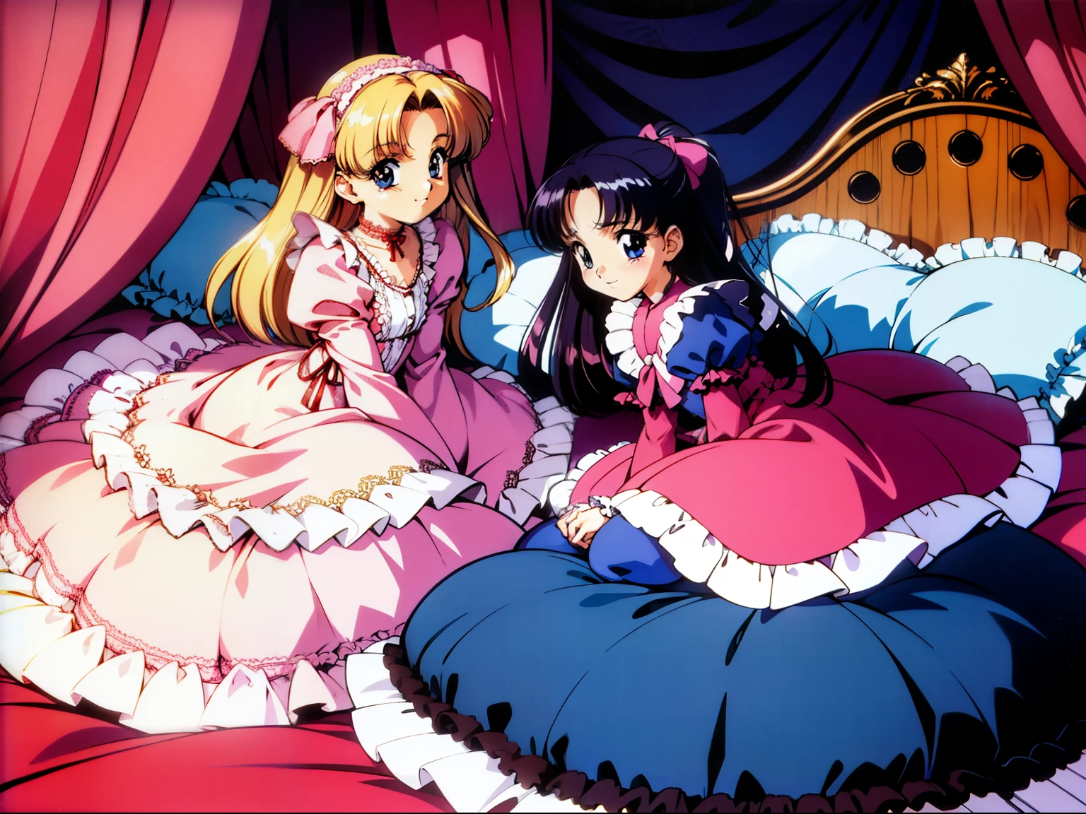 ,highest quality, masterpiece, highest resolution, artwork,1990s style anime illustration,((10 year old little girls)),Super detailed baby face, Anime illustrations, pajama party,. , Lolita fashion long-sleeved long skirt nightgown with frills and ribbons, {{{on the huge and wide pink canopy bed}}},{{{lot of  frilled pillows}}}, frilled bed skirt,Soft pillows and futons, colorful pillows in pastel colors, pink curtains with frills around the bed, detailed face.