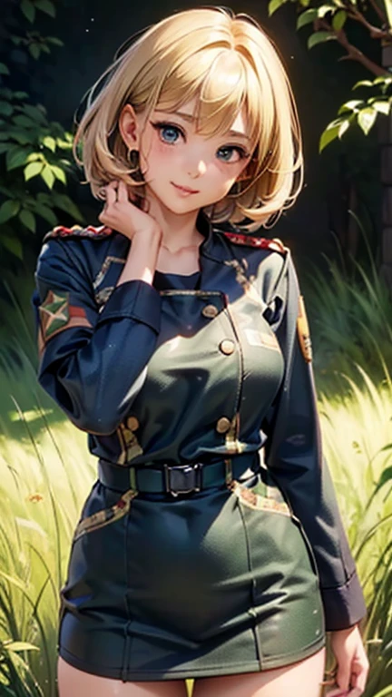 A girl is posing for a photo, cute女の子, Enchanting girl, Anime Girls, 
(((One Girl, Baby Face, cute, 16 years old))), 

(smile), 
(noon、(A garrison in the sunlight、grass)), ((Dynamic Pose、From before、Cowboy Shot))
BREAK 

(Blonde、Very short hair,Pixie Cut), (black eye, Slanted Eyes), BREAK 

(((CzechMlok,uniform:1.4)))、Earrings、
BREAK 

(Symmetrical facial features, Perfect Face), (Beautiful breasts, (Ｃcup)), 
Beautiful body, Beautiful clavicle, Beautiful thighs, Beautiful feet, Perfect round butt, (Beautiful fingers), (((Detailed skin, Oily skin, Textured skin, Beautiful Skin))), 

Double eyelids, Long eyelashes, 
(Expression of fine eyes, Beautiful and delicate eyes, Sparkling eyes, Eye Reflexes), 
(Beautiful Nose,Thin Nose), 
(Glossy Lips, Beautiful Lips, thick lips), 
(Beautiful Hair, Shiny Hair, Shiny Hair)), 
BREAK 

(((highest quality)), ((masterpiece)), (Very detailed), (High resolution), (Beautiful detailed sparkle), (High detail), (Anatomically correct)), ((Realistic)), 
(The best CG), Ultra-detailed art, CG illustration, (16k, 1080P), Oil paints, 
